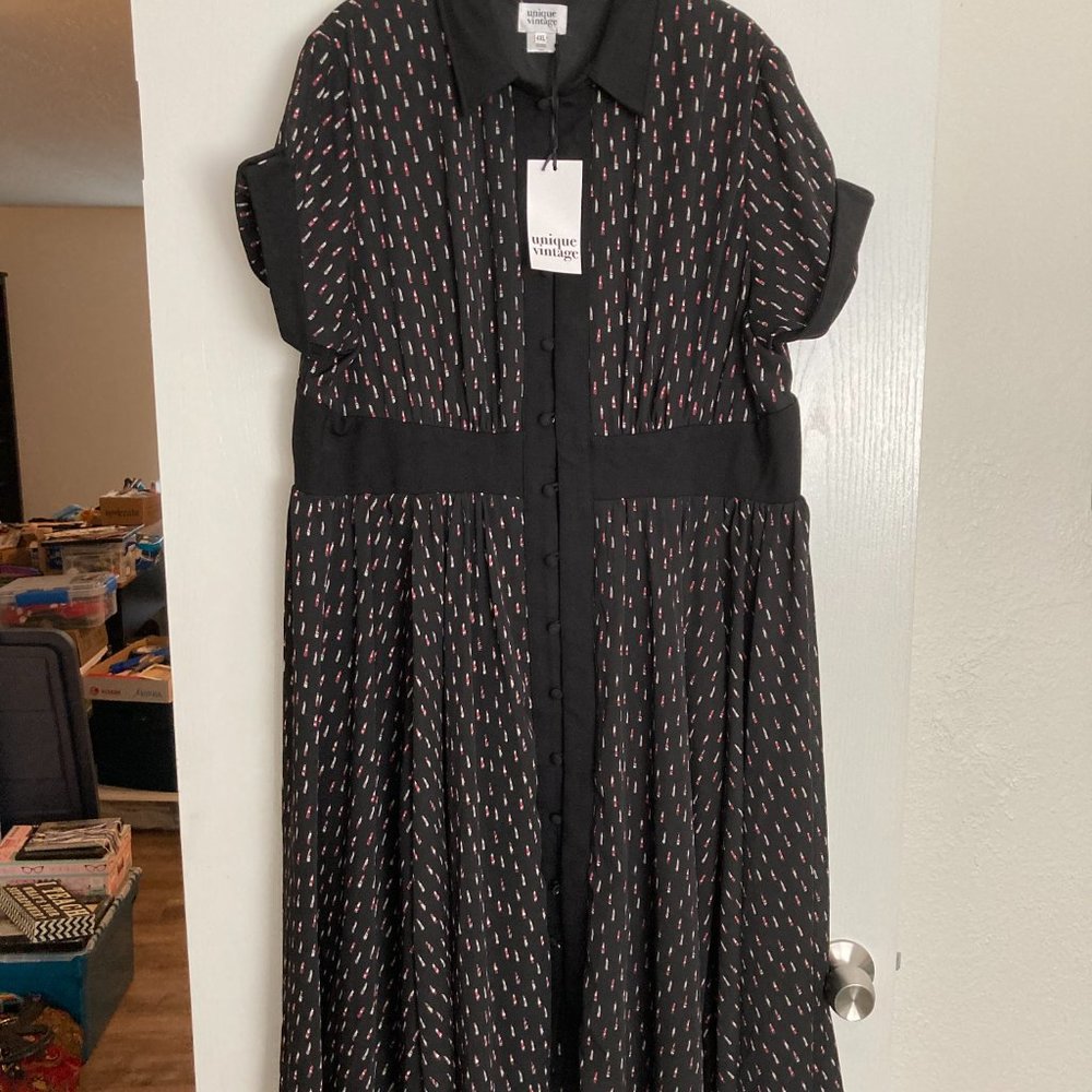 Unique Vintage Lipstick Print Button Up Peggy Swing Dress Plus Size 4X